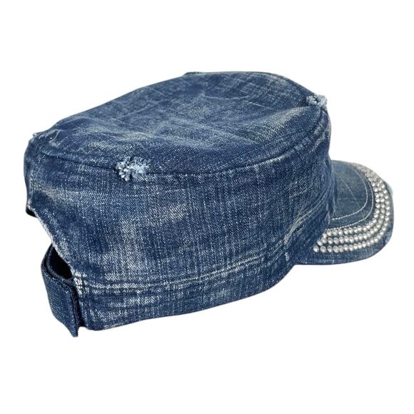Y2K Texas Jeweled Distressed Denim Army Hat Blue Cotton Cap Adjustable Ones Size - Picture 5 of 9